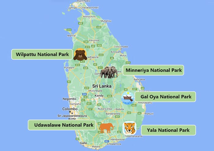 Map of Sri Lanka showing the locations of Yala National Park in the south and Wilpattu National Park in the northwest